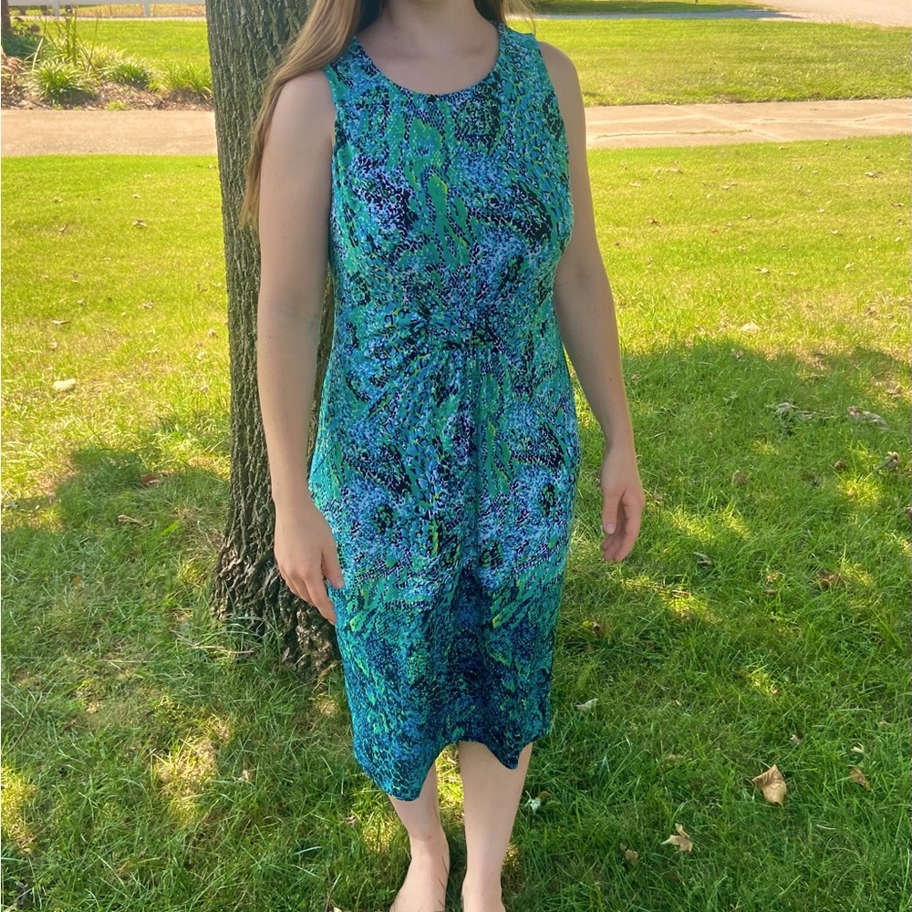 Cato Fashions blue and green summer women’s midi dress, size 12.